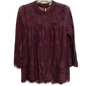 Women’s CHANCE OR FATE, Lace, Choker Neckline, kimono Sleeves Top, Burgundy,Med